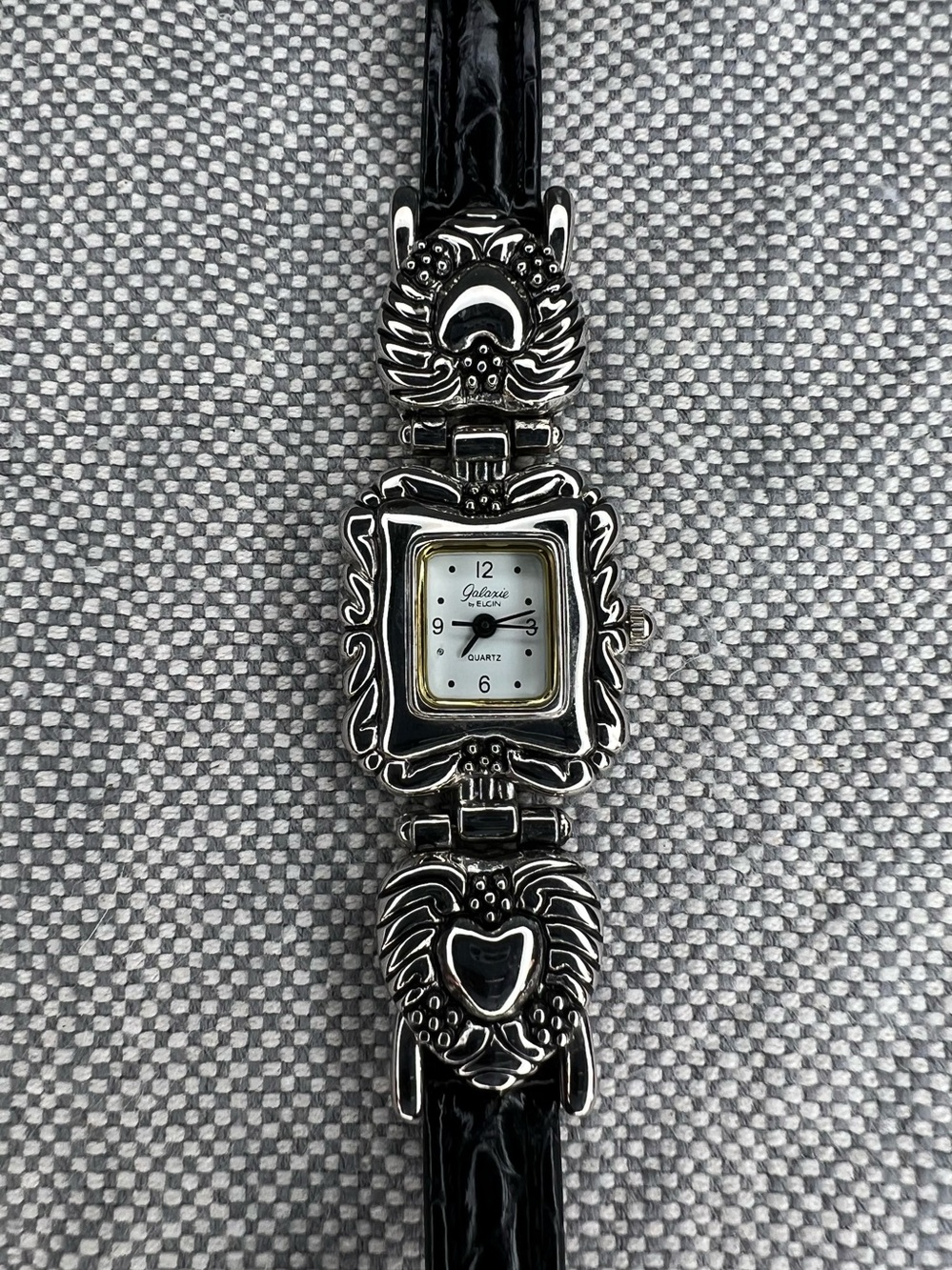 Womens Galaxie By Elgin Silver Tone Watch w/ Black Leather Band - EXCELLENT COND